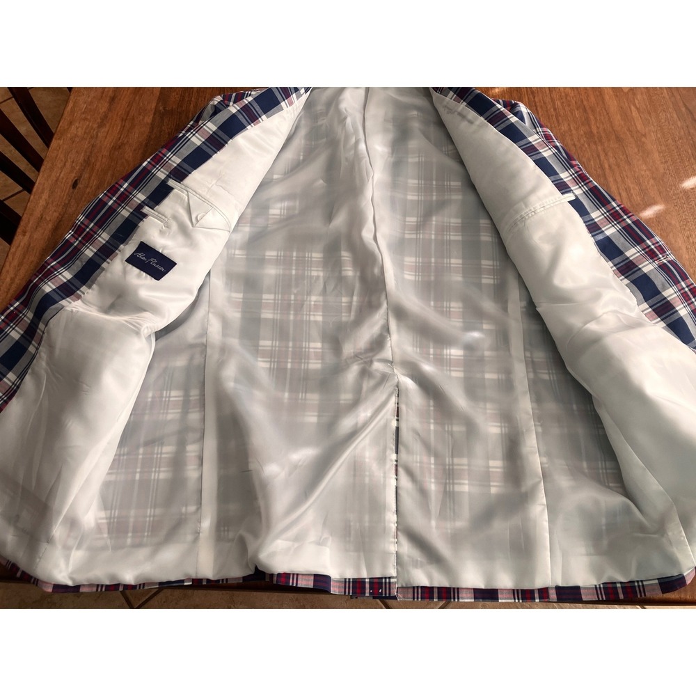 Alan Flusser Mens 44R Blazer Sport Coat Navy Blue Red White Plaid Cotton Blend - Picture 3 of 12